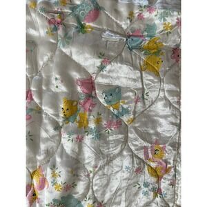 Vtg Dupont dacron Baby Blanket Quilted Satin Trim Bunny Elephant USA Mcm Kitschy
